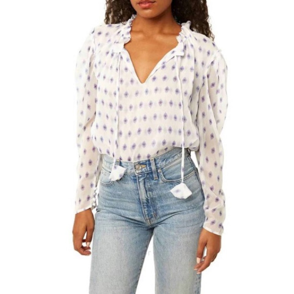 Misa Los Angeles White Peasant Blouse with Lavender Dot Print